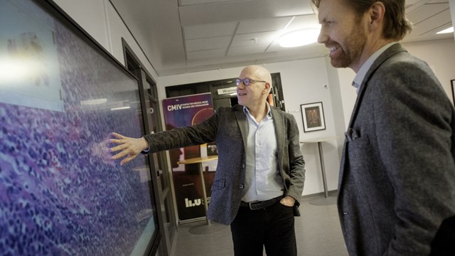 Två forskare diskuterar en digital bild på vävnadsprov.