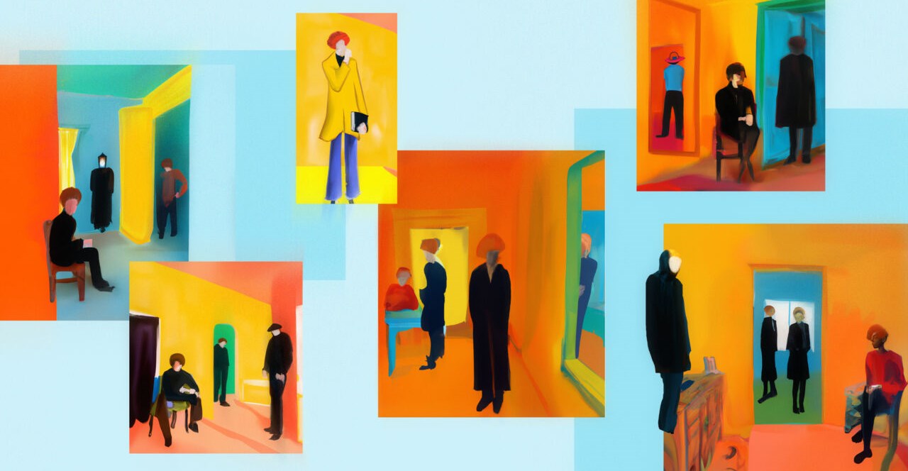 Abstract illustration av människor i olika rum, illustrerat i olika oranga fyrkanter över ljusblåbakgrund.