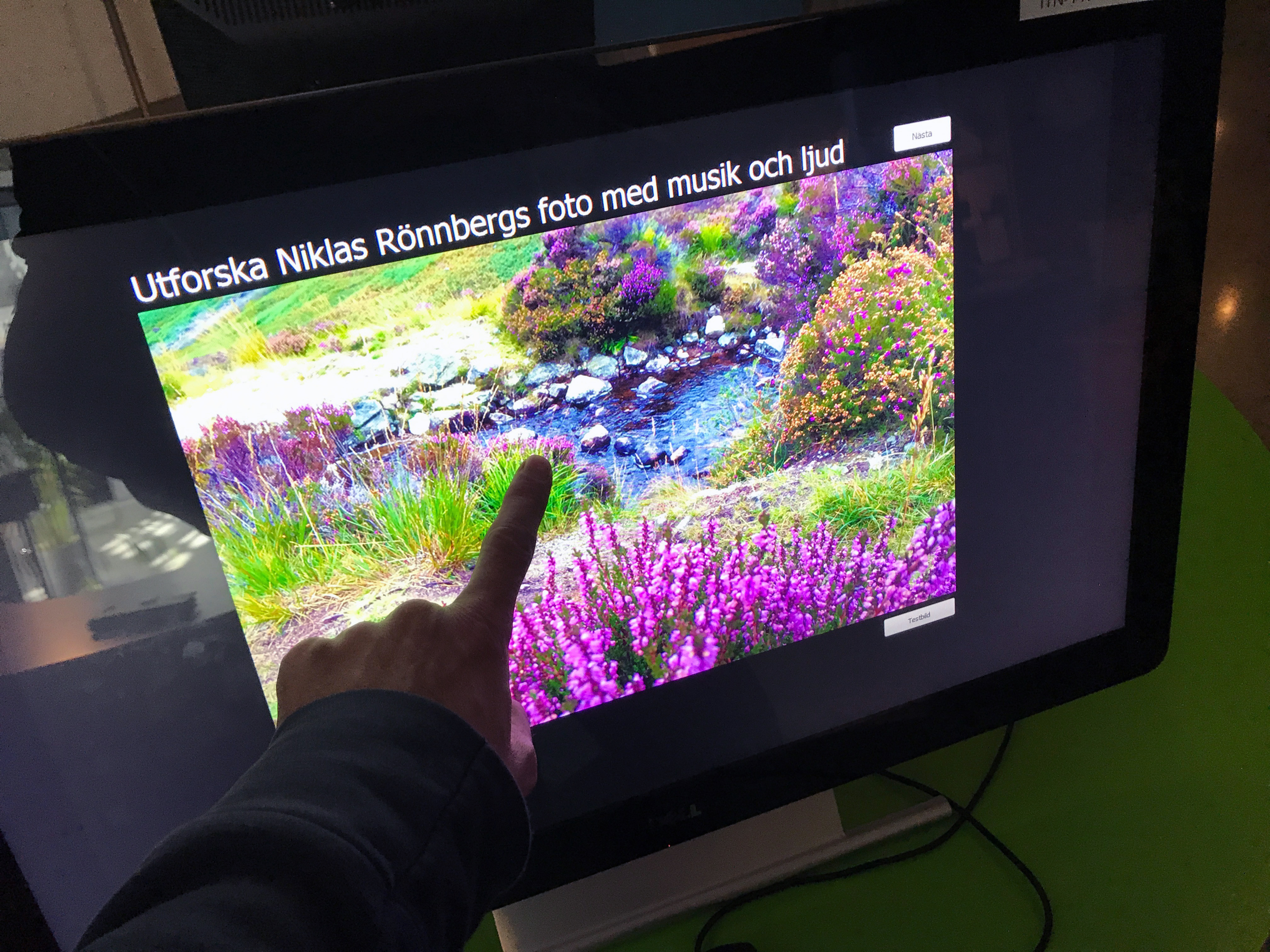 Finger pointing at a nature image on a computer display.