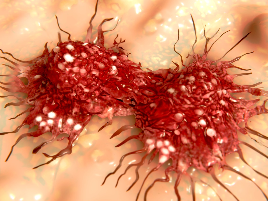 3D-illustration av cancercell som delar sig