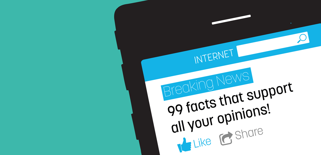 Illustration showing an internet article with the headline: 99 facts that support all your opinions!