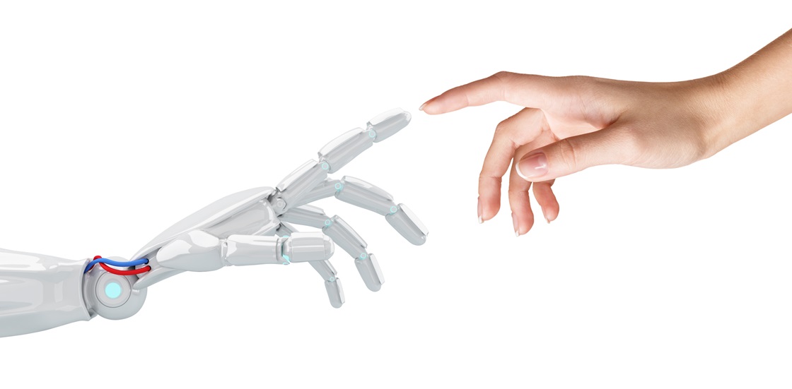 A robot hand meet a human hand