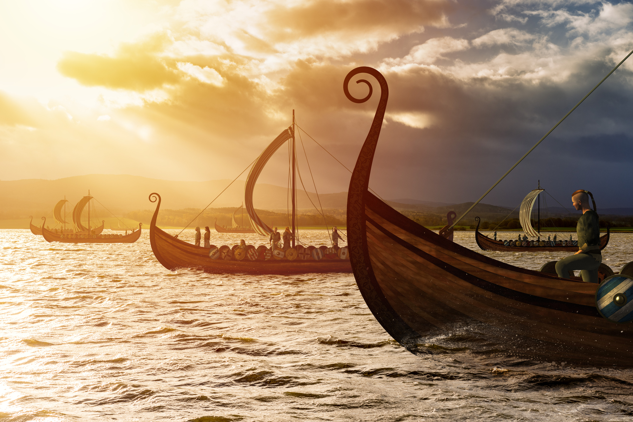Picture of a viking ship sailing in sunset