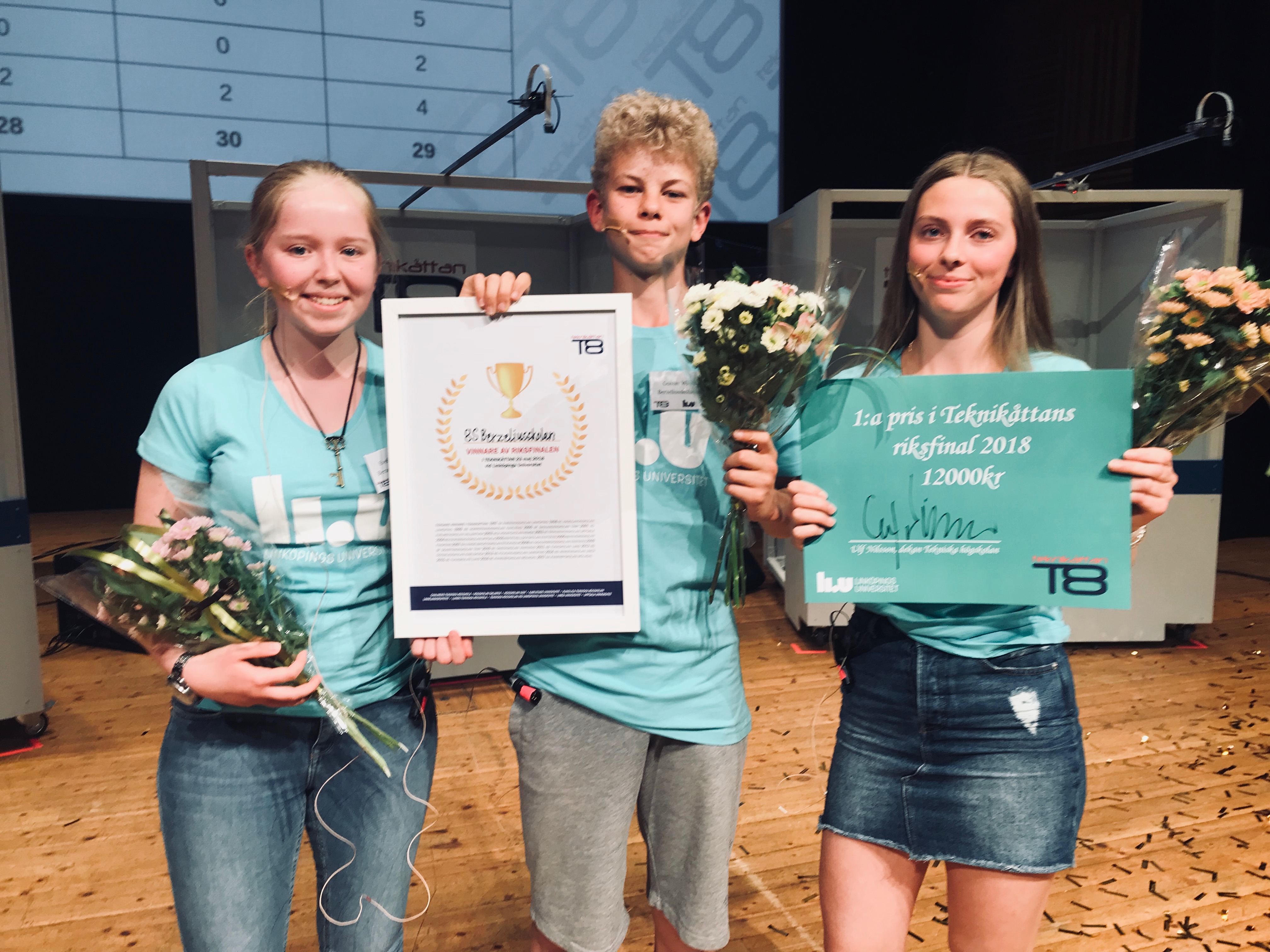 Evelina Waller, Gustav Widén och Alma Floreby vann Teknikåttan 2018