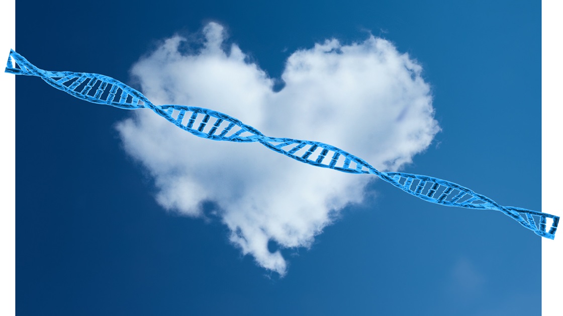 DNA double helix and a heart shaped cloud