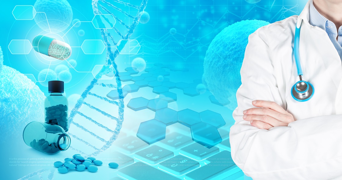 Doctor in pharmaceutical research background, 3d illustration