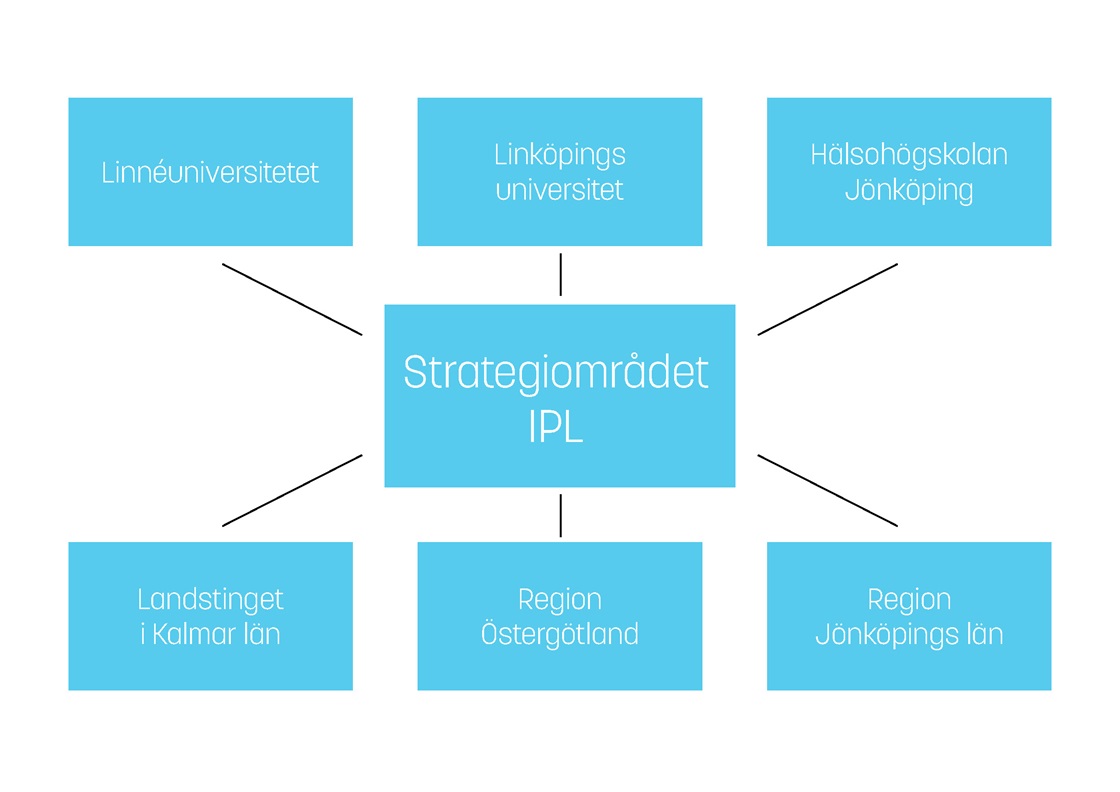 Ett organisationsschema över strategiområdet, med strategiområdet i mitten, omgivet av Linnéuniversitetet, LiU, Hälsohögskolan Jönköping, Landstinget i Kalmar län, Region Östergötland och Region Jönköpings län