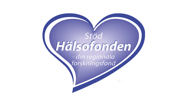 Hälsofondens logotyp, ett lila hjärta med texten "Stöd Hälsofonden - din regionala forskningsfond".