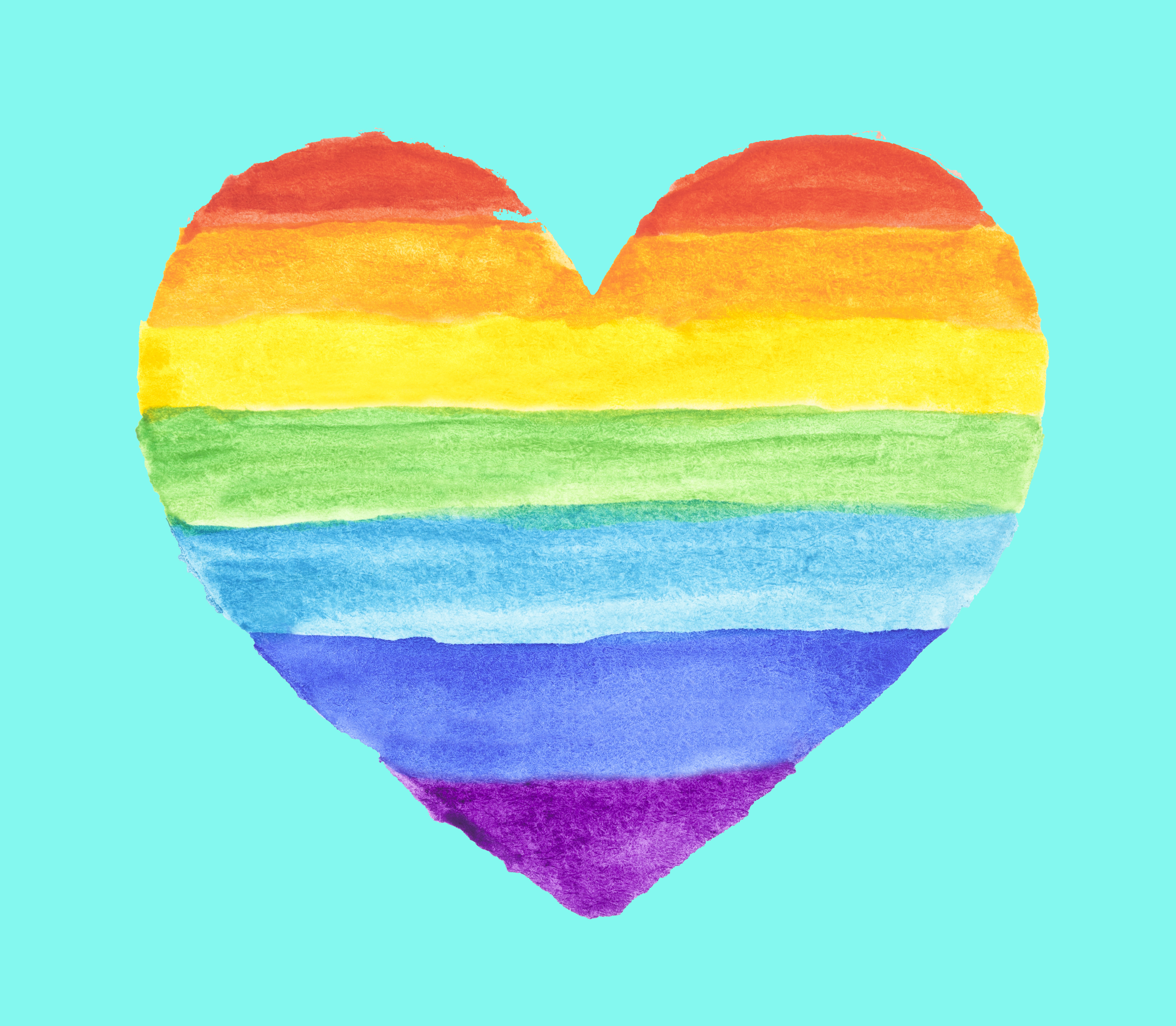 Akvarellmålning av ett regnbågsfärgat hjärta