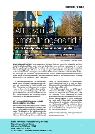 Omslag för publikation 'Att leva i omställningens tid: Varför klimatpolitik är mer än industripolitik'