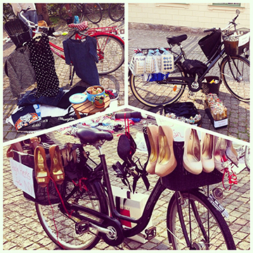 Illustration med flera foton från Gatuliv 2014, bland annat cykelkorgsloppis med skor som hänger från en cykel.