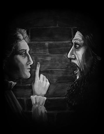 Affischbild svartvitt. Två ansikten i profil, den vänstra hyssjar