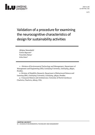 Cover of publication 'Validation of a procedure for examining the neurocognitive characteristics of design for sustainability activities'