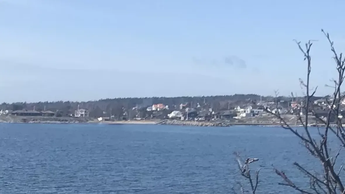 The sea with houses on a cliff in the background