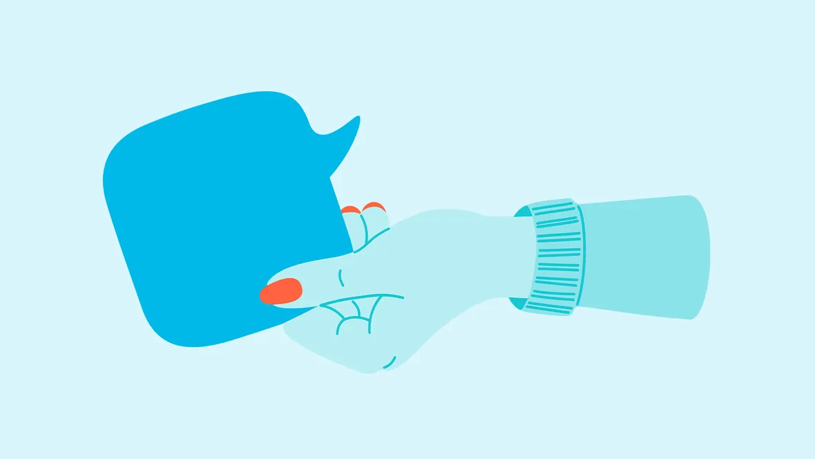 Illustration av en hand som håller i en pratbubbla