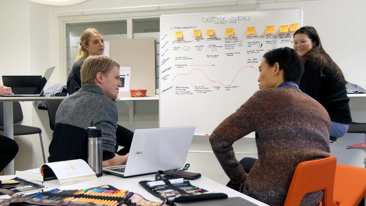 Studenter vid whiteboard som visar kundresa
