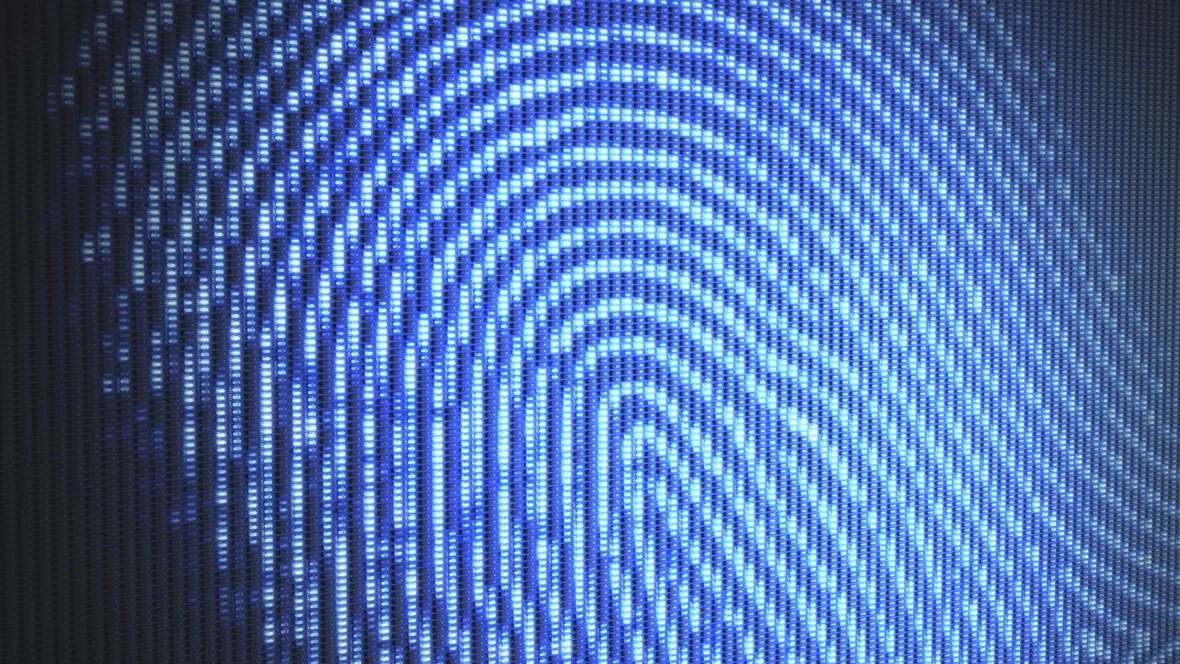 Ett förstorat fingeravtryck i blått