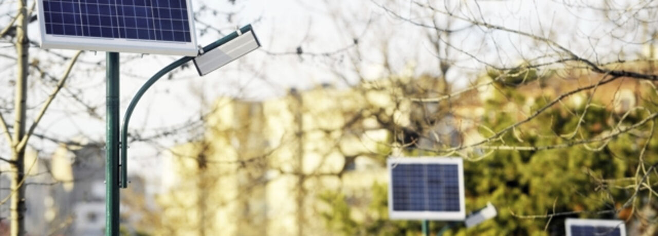 Solar panels on stands in urban environments