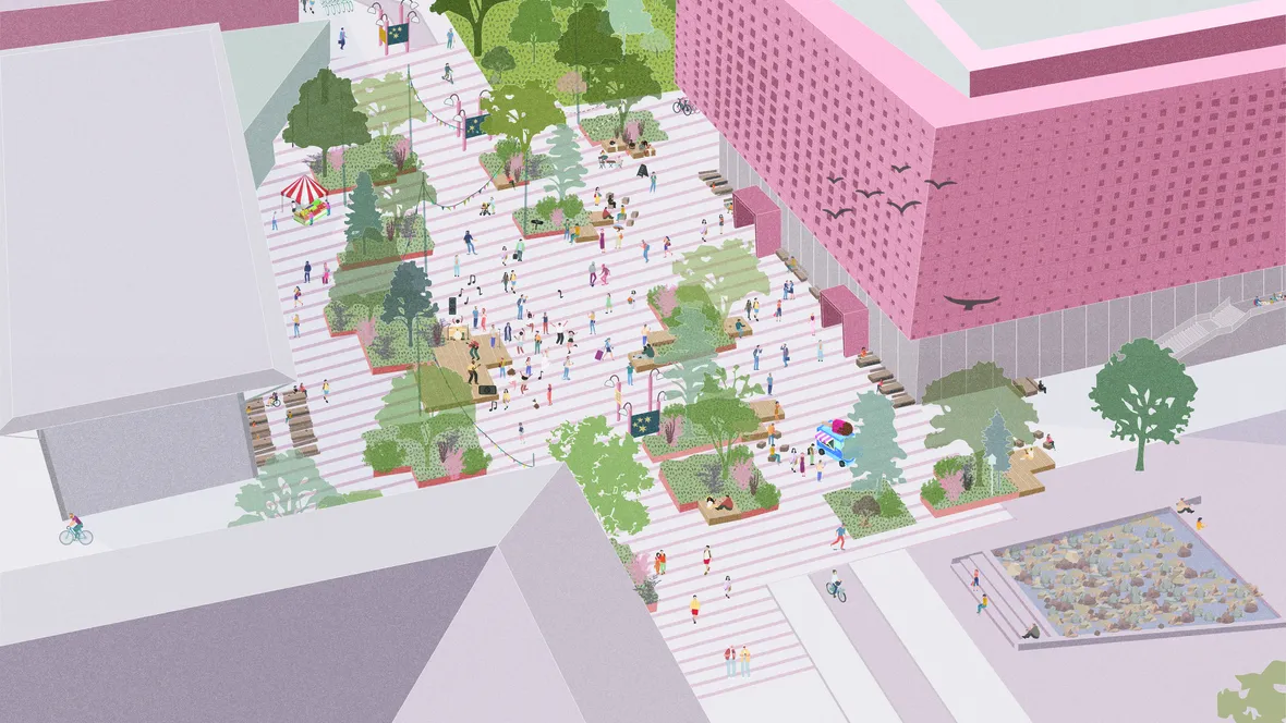 Visionsskiss över den planerade Studentlunden vid Corson