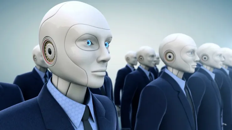 Ai-robotar med blå kostym och vitt huvud