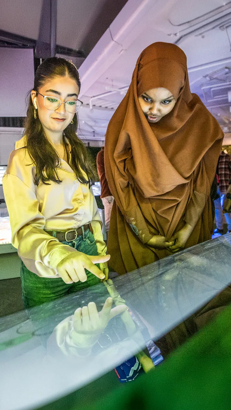 Two women interacts with a touch screen