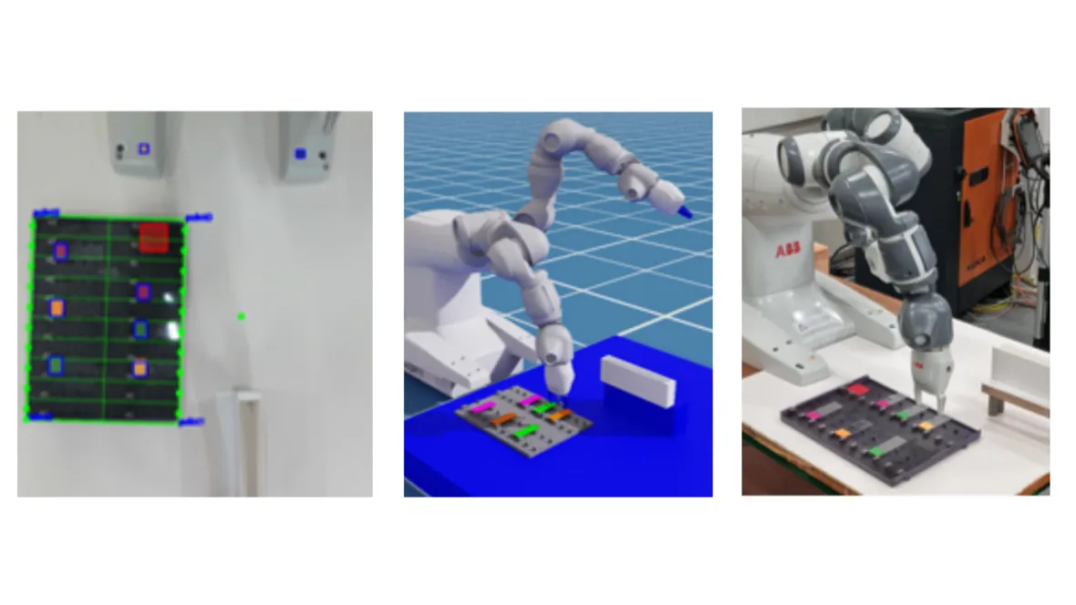 Tre bilder som visar en robot som detekterar, simulerar och manipulerar ett kretskort med komponenter i en laboratoriemiljö.