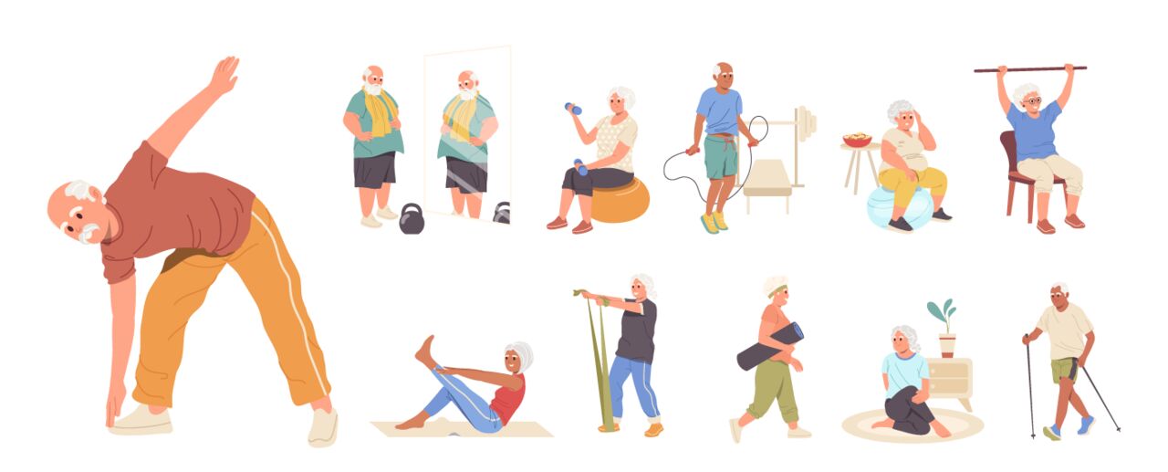 Tecknad illustration av äldre som tränar.