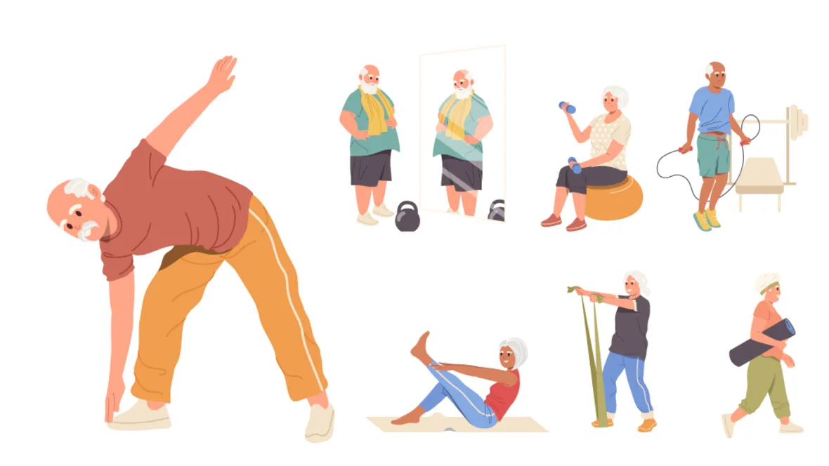 Tecknad illustration av äldre som tränar.