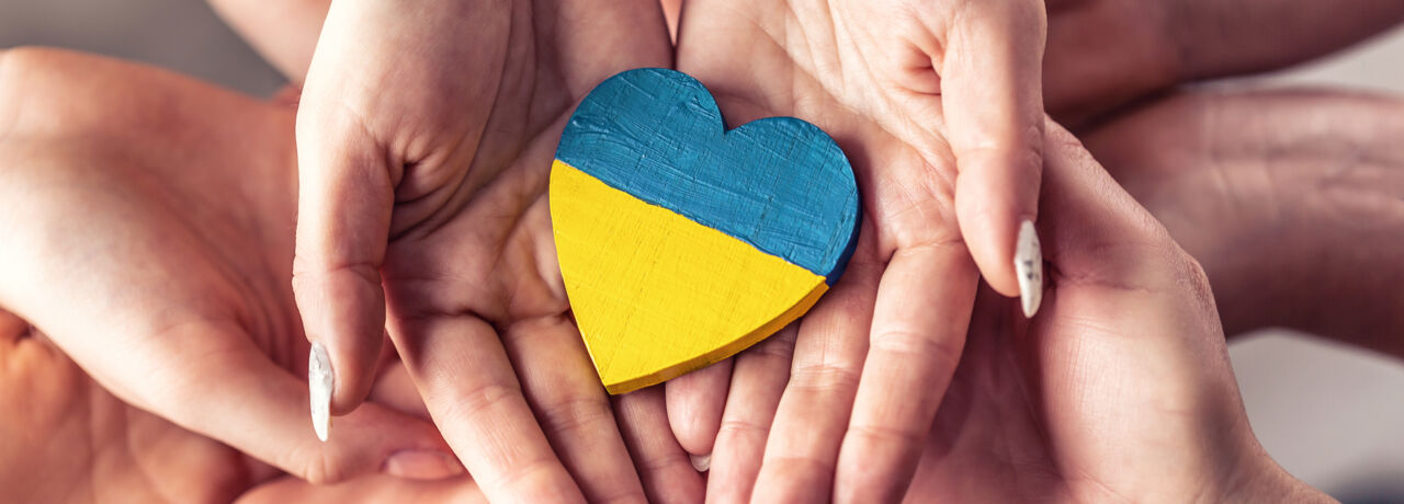 Hands holding a heart in a tree painted like the Ukrainian flag.