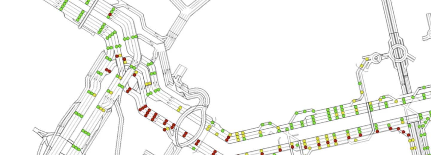 Hastighet- och flödesdetektorer för delar av motorvägsnätet runt Stockholm.