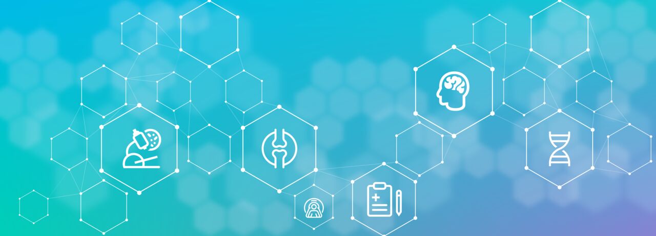 Gradient background from teal to light blue with hexagonal shapes forming a network pattern. Contains icons for a microscope, lungs, brain, DNA, and medical notes.