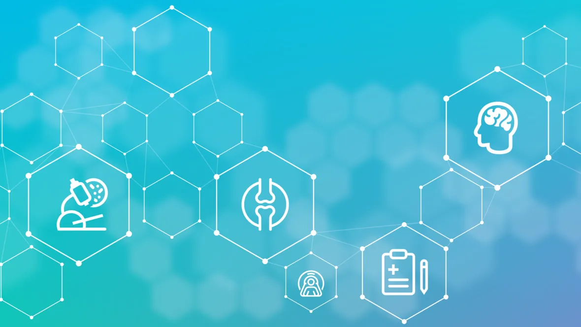 Gradient bakgrund från teal till ljusblå med hexagonala former som bildar ett nätverksmönster. Innehåller ikoner för mikroskop, lungor, hjärna, DNA och medicinska anteckningar.