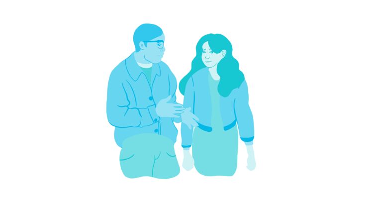 Illustrationer av två vuxna som går och pratar