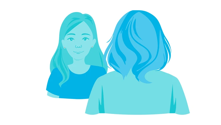 Illustration av en flicka i samtal med en kvinna sett bakifrån