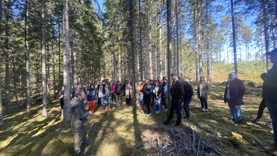 Studenter från masterprogrammet Science för Sustainable Development på exkursion i skogen