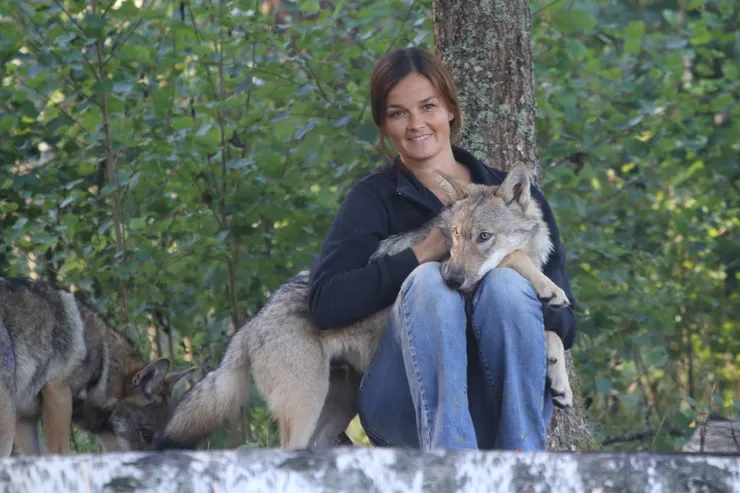 Christina sitting on the ground with a wolf in her lap