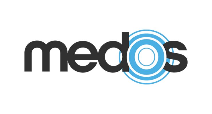 Logotyp med texten 'medos' i svart, där 'o' är stiliserad med blå cirklar.
