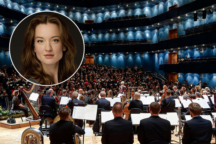 Kollagebild på kvinna och en orkester