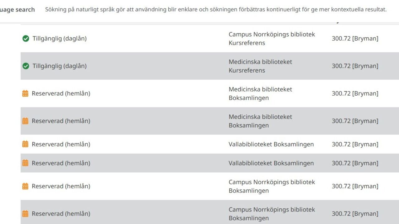 Exemplarinformation om en bok i en söktjänst.