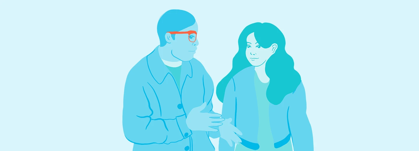 Illustration av två vuxna som går och pratar