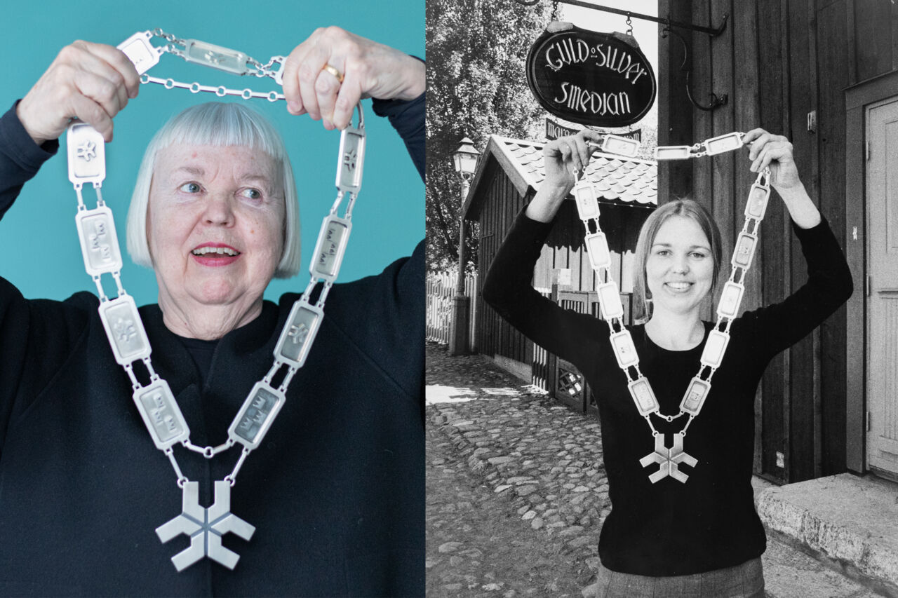 Bildmontage Margreth Sandström håller upp rektorskedjan