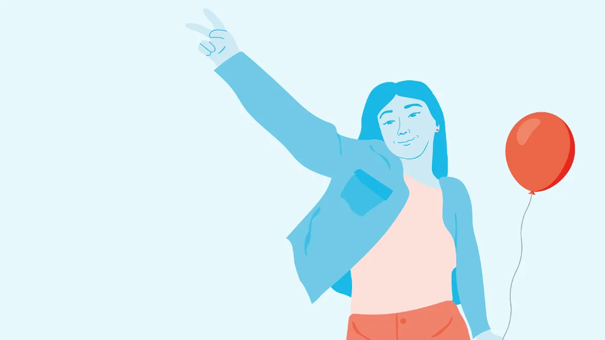 Illustration av en tonårstjej som gör fredstecknet och håller i en ballong