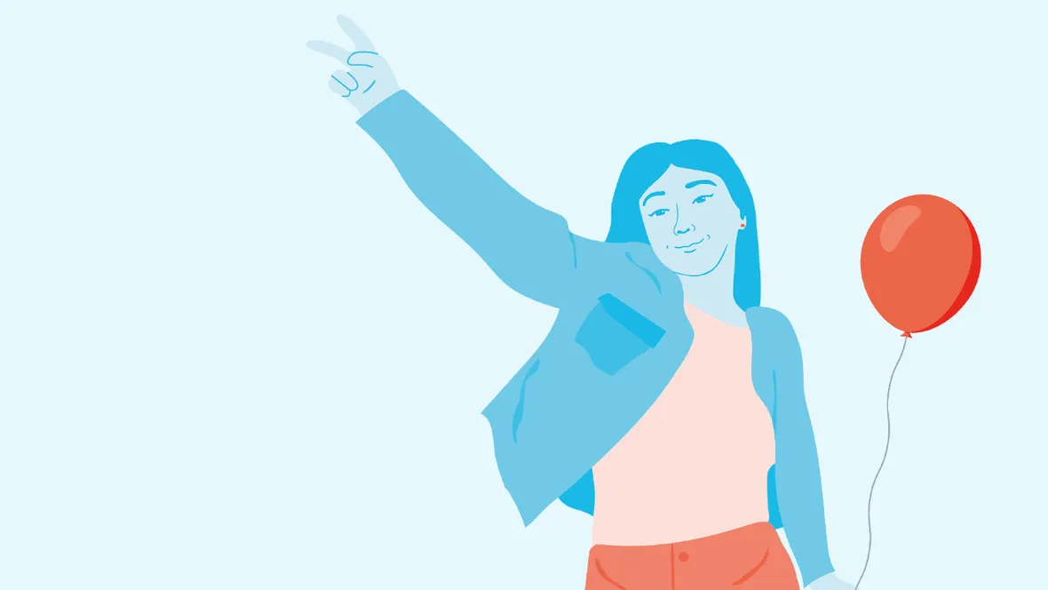 Illustration av en tonårstjej som gör fredstecknet och håller i en ballong