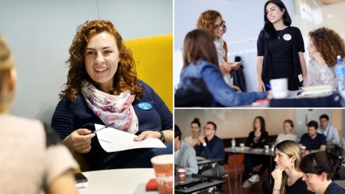 A photo collage of diverse people in meetings – collaborating around tables, engaging in discussions, sharing ideas, and working together in both formal and informal settings.