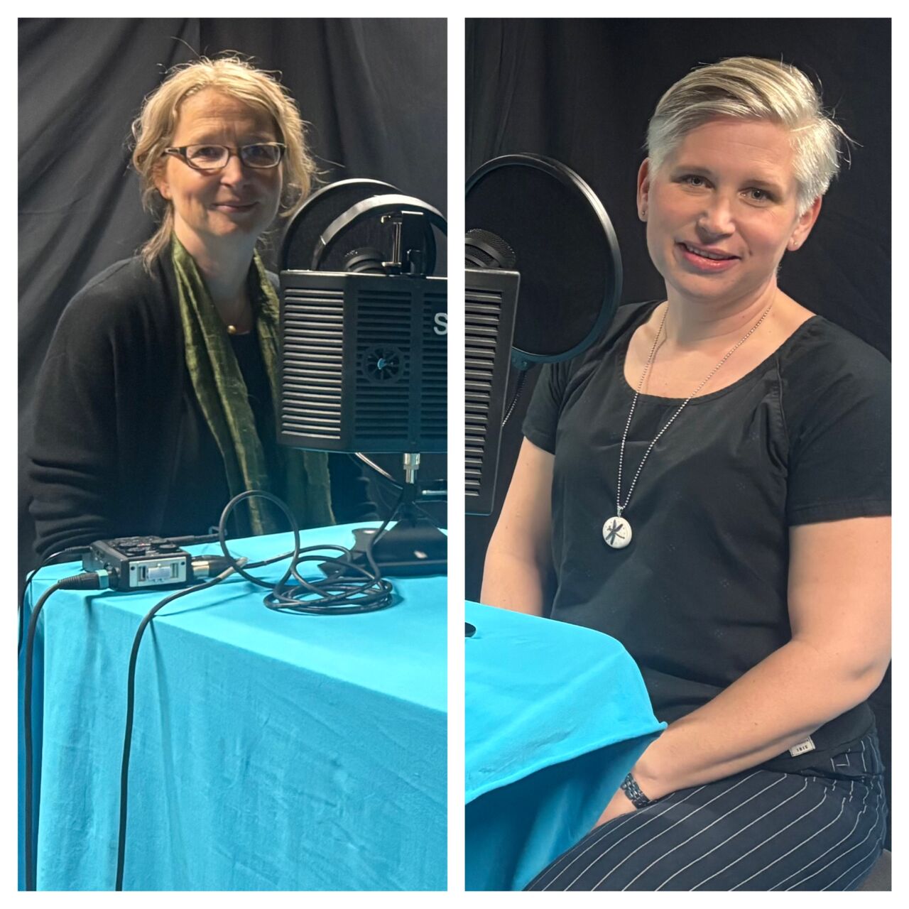 Avsnittsgäster Kristin Zeiler och Lisa Guntram sitter i inspelningsstudion.