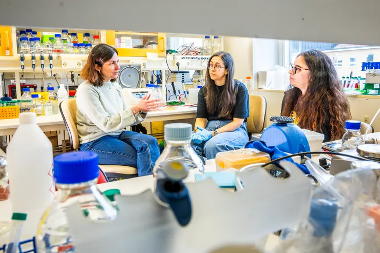 Three female researchers discussing in  a lab.