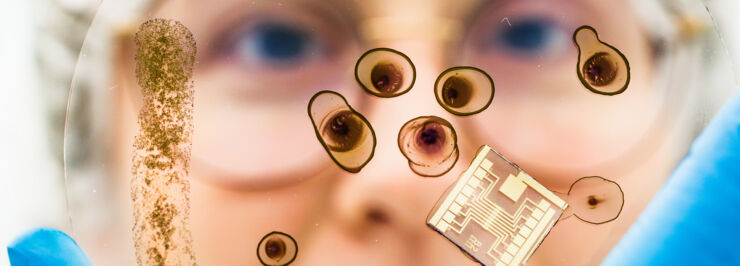 Person holding a glass disc with blu spots infront of their face.