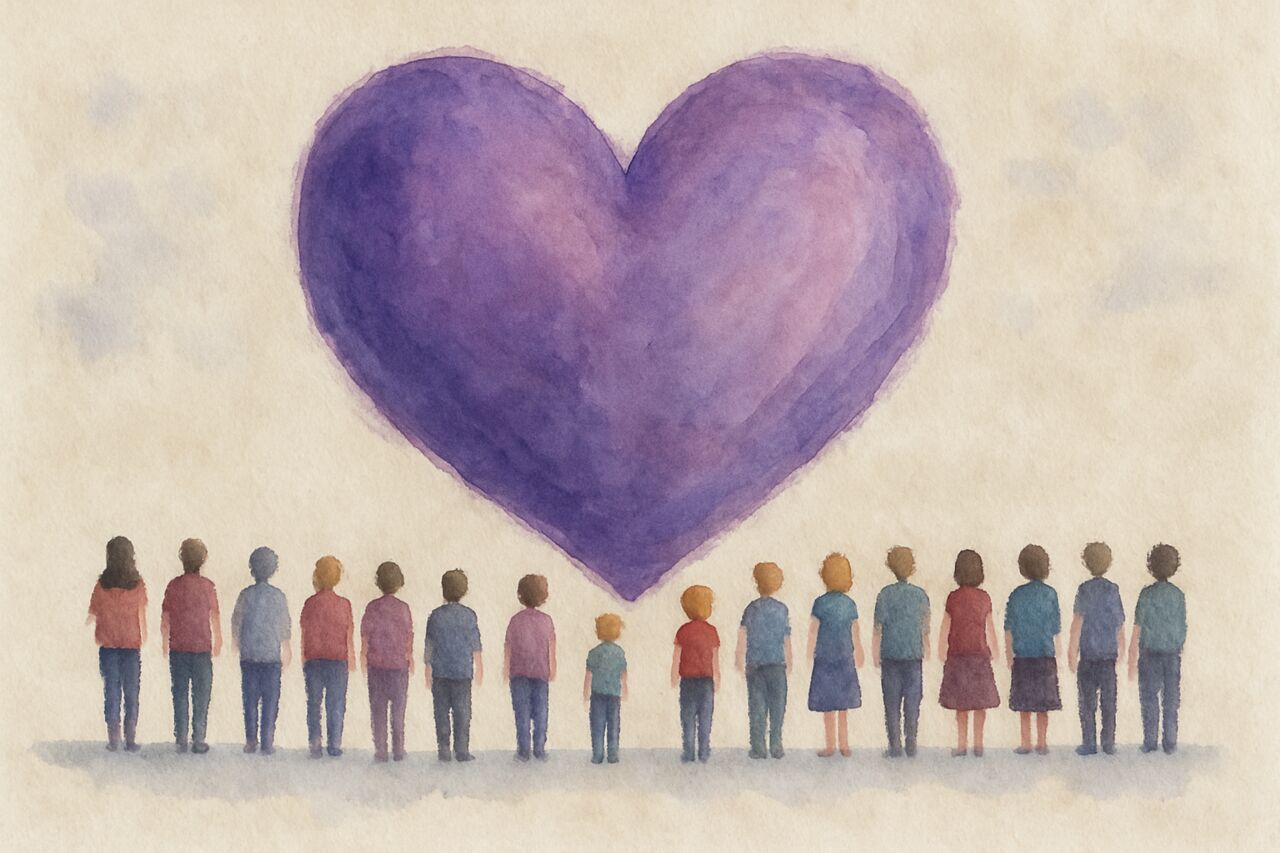 Illustraded people watching a purple heart