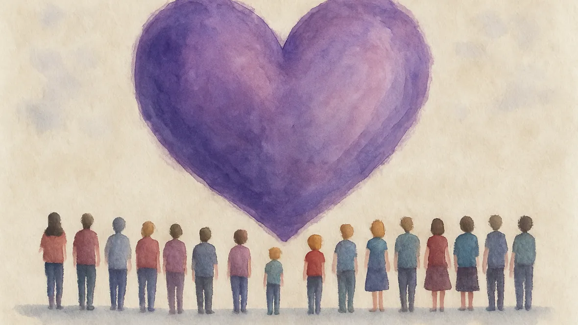 Tecknade personer som tittar på ett lila hjärta