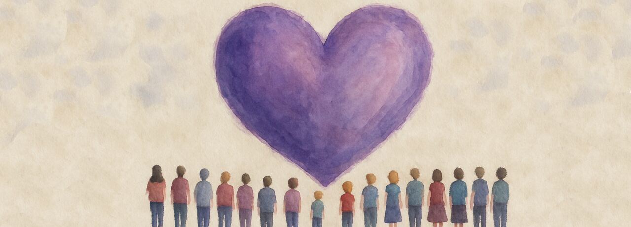 Tecknade personer tittar på ett lila hjärta